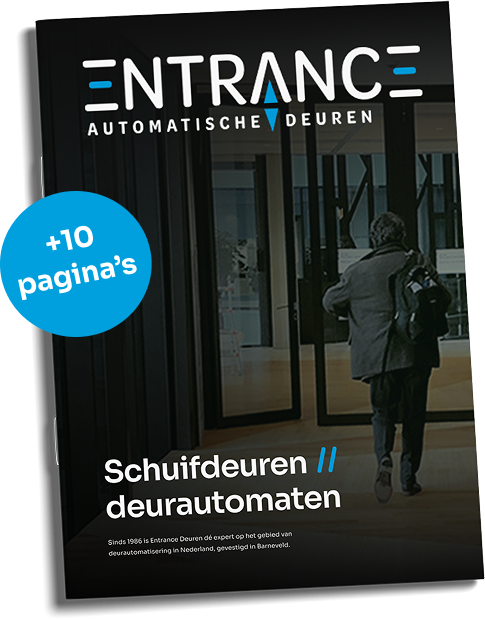 Catalogus over automatische deuren met een man die naar buiten loopt.
